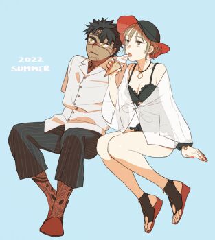 Rule 34 | 1boy, 1girl, 2022, angra mainyu (fate), arm support, balcony, black hat, black one-piece swimsuit, breasts, brown eyes, brown hair, cleavage, commentary request, dark-skinned male, dark skin, earrings, fate/grand order, fate (series), full-body tattoo, hat, holding, holding ice cream cone, hoop earrings, ice cream cone, jewelry, medium breasts, necklace, oc x canon, one-piece swimsuit, original, pants, platform sandals, red slippers, sandals, see-through clothes, shibakou, shirt, slippers, striped clothes, striped pants, swimsuit, tattoo, tongue, tongue out, vertical-striped clothes, vertical-striped pants, white shirt, yellow eyes