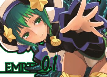 Rule 34 | 1girl, black shirt, closed mouth, commentary request, covered erect nipples, green eyes, green hair, hat, horns, jellyfish girl, leaning forward, leotard, leotard under clothes, mitsuki (shinrabanshou), reaching, reaching towards viewer, shinrabanshou, shirt, solo, tentacles, white hat, white leotard, yasu (yossy)