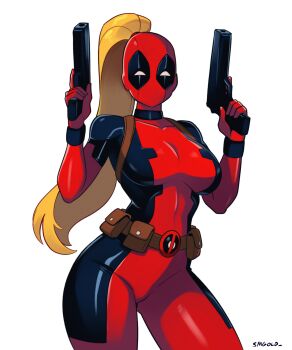 1girl absurdres artist_name belt belt_pouch black_bodysuit blonde_hair bodysuit breasts commentary deadpool_(series) dual_wielding english_commentary gun handgun highres holding holding_gun holding_weapon lady_deadpool large_breasts long_hair looking_at_viewer marvel multicolored_bodysuit ponytail pouch red_bodysuit simple_background smgold solo superhero_costume two-tone_bodysuit utility_belt weapon white_background