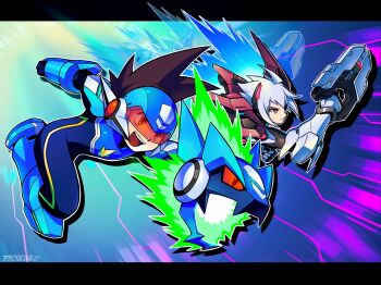 1boy acura_(gunvolt) arm_cannon armor azure_striker_gunvolt brown_hair commentary crossover energy_wings english_commentary grey_hair gun gunvolt_chronicles_luminous_avenger_ix_2 highres holding holding_gun holding_weapon male_focus mechanical_wings mega_man_(series) mega_man_star_force_(series) red-tinted_eyewear red_armor red_eyes short_hair star_force_mega_man textless_version tinted_eyewear tomycase weapon wings