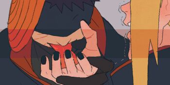 2boys akatsuki_(naruto) blonde_hair deidara_(naruto) gloves hand_grab hand_kissing hand_mouth long_hair long_sleeves male_focus mask multiple_boys nail_polish naruto_(series) naruto_shippuuden obobkkp tongue tongue_out uchiha_obito yaoi