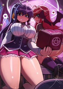 2girls absurdres ahoge ass black_bow black_bowtie black_capelet black_corset black_hair black_shoes black_socks blue_eyes blush book bow bowtie breasts capelet corset demon_girl demon_wings female_focus from_behind grimoire grin hair_ribbon heart high_school_dxd highres himejima_akeno holding holding_book kneehighs kneeling kuoh_academy_school_uniform large_breasts light_particles long_hair long_sleeves looking_at_viewer looking_back multiple_girls open_mouth orange_ribbon pentagram pink_skirt ponytail purple_eyes red_hair rias_gremory ribbon school_uniform shirt shoes skirt smile socks sparkle speech_bubble spoken_heart standing teeth thick_thighs thighs tony_welt white_shirt wide_hips window wings