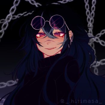 1girl artist_name black_background black_hair black_sweater breasts chain commentary_request commission crossed_bangs ear_chain ear_piercing eyewear_on_head hair_between_eyes highres hijimasa large_breasts linked_piercing long_hair looking_at_viewer original parted_lips piercing purple-tinted_eyewear purple_eyes roblox round_eyewear scar scar_on_face scar_on_nose smile solo spanish_commentary sunglasses sweater tinted_eyewear turtleneck turtleneck_sweater upper_body