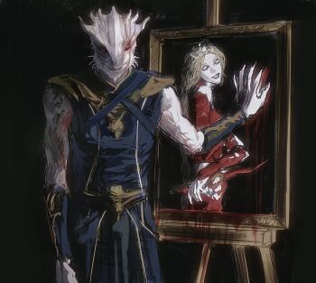 1boy 1girl baldur&#039;s_gate baldur&#039;s_gate_3 black_background black_sclera blonde_hair blood blood_on_face brother_and_sister colored_sclera colored_skin cowboy_shot dragon_boy dragonborn_(d&amp;d) dungeons_&amp;_dragons dungeons_&amp;_dragons furry furry_male highres long_hair looking_at_viewer one_eye_closed orin_the_red painting_(object) r4znehwewnh6u09 red_eyes siblings smeared_blood standing the_dark_urge_(baldur&#039;s_gate) white_skin