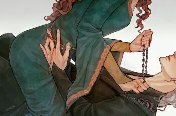 2girls a_song_of_ice_and_fire alicent_hightower black_dress chain chain_necklace commentary dress english_commentary green_dress grey_background grey_hair hand_on_another&#039;s_waist highres jewelry multiple_girls multiple_rings necklace parted_lips red_hair rhaenyra_targaryen ring straddling tcn_tancha yuri