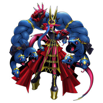 bare_shoulders black_bow boots bow colored_skin digimon digimon_(creature) digimon_liberator ear_piercing earrings feminine fingernails frilly_clothing golden_horn hair_bow helmet high_heels horn_ornament horns jewelry long_fingernails medusamon nail_polish official_art one-eyed piercing pink_skin pointy_ears small_wings snake snake_hair tail victorian_dress