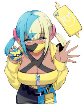 1girl absurdres alternate_breast_size_(larger) black_mask blonde_hair blue_hair blue_nails blush breasts canari_(pokemon) cleavage commentary criss-cross_straps dark-skinned_female dark_skin gen_4_pokemon highres jacket large_breasts long_sleeves looking_at_viewer mask mega_stone mouth_mask multicolored_hair multicolored_nails nail_polish nintendo open_clothes pants poke_ball pokemon pokemon_legends:_z-a quick_ball rotom rotom_phone sana_(sanamaru_0w0) simple_background split-color_hair twintails two-tone_mask two-tone_pants white_background yellow_jacket yellow_mask yellow_nails zipper zipper_pull_tab