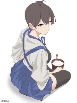 1girl :o absurdres artist_name blue_hakama bowl breasts brown_eyes brown_hair chieftain_art13 commentary english_commentary from_behind hakama hakama_short_skirt hakama_skirt hand_on_own_leg highres indian_style japanese_clothes kaga_(kancolle) kantai_collection looking_at_viewer looking_back muneate open_mouth parted_lips rice short_hair short_side_ponytail side_ponytail sitting skirt solo spoon tasuki thighhighs wooden_bowl wooden_spoon