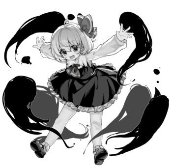 Rule 34 | 1girl, ahoge, arms up, ascot, bandaid, bandaid on knee, bandaid on leg, collared shirt, eyes visible through hair, fang, frilled skirt, frilled socks, frills, full body, greyscale, hair between eyes, hashtag-only commentary, highres, hxj (2324184595), mary janes, monochrome, open mouth, outstretched arms, rumia, shirt, shoes, short hair, simple background, skirt, smile, socks, solo, spread arms, touhou, vest, white background