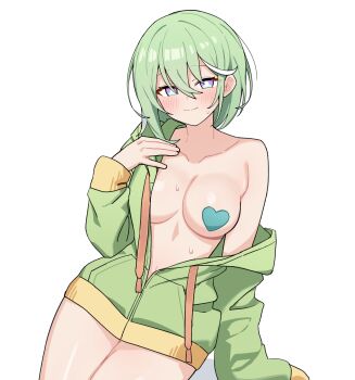 1girl absurdres arm_at_side blush breasts closed_mouth collarbone commentary_request cowboy_shot green_hair green_jacket hair_between_eyes hand_up heart_pasties highres jacket korean_commentary large_breasts long_bangs long_hair long_sleeves looking_at_viewer maksagwa multicolored_hair naked_jacket off_shoulder open_clothes open_jacket partially_unzipped pasties purple_eyes simple_background smile solo stellive streaked_hair sweat virtual_youtuber white_background yuzuha_riko