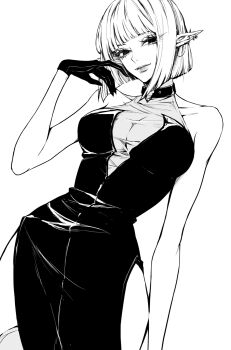 1girl bare_arms breasts choker cleavage closed_mouth cowboy_shot dress gloves greyscale hand_up highres large_breasts lips looking_at_viewer monochrome original pointy_ears see-through_cleavage see-through_clothes short_hair simple_background sleeveless sleeveless_dress solo teeniika white_background