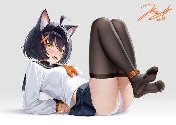 1girl absurdres ahoge animal_ear_fluff animal_ears arms_behind_back back_peek black_hair black_thighhighs bound bound_arms bound_legs breasts commentary_request fang highres jerry_wang looking_at_viewer medium_hair neckerchief open_mouth orange_neckerchief original panties pleated_skirt sailor_collar school_uniform serafuku skindentation skirt small_breasts soles solo thighhighs underwear white_panties yellow_eyes