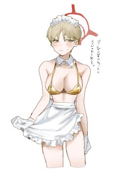 Rule 34 | 1girl, absurdres, alternate costume, apron, bikini, blonde hair, blue archive, blush, breasts, cleavage, closed mouth, cowboy shot, cropped legs, dantyou2525, enmaided, frilled apron, frills, gloves, gold bikini, halo, highres, large breasts, maid, maid apron, maid bikini, maid headdress, marina (blue archive), red halo, short hair, simple background, solo, swimsuit, translation request, unconventional maid, white apron, white background, white gloves, yellow eyes