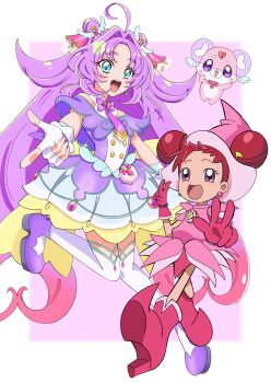 Rule 34 | 2girls, :d, absurdres, ahoge, akechi anna, aqua trim, back bow, bare shoulders, bead bracelet, beads, blue eyes, blurry, blurry background, blush, blush stickers, boots, border, bow, bracelet, brooch, buttons, capelet, commentary, company connection, creature, crossed legs, crossover, cure answer, curtained hair, double-breasted, double bun, dress, earrings, fairy, finger gun, fingerless gloves, fingernails, fortissimo, full body, glove bow, gloves, gold buttons, hair bun, hair flaps, hair intakes, hair ornament, hairstyle connection, hands up, harukaze doremi, hat, heart, heart-shaped blush stickers, heart brooch, heart in eye, highres, impossible hair, index finger raised, jewelry, knees together feet apart, layered dress, leg up, long hair, looking at viewer, magical girl, meitantei precure!, morishita (moricuremori), multiple girls, musical note, musical note hair ornament, off-shoulder dress, off shoulder, ojamajo doremi, open mouth, pact holder, parted bangs, peperuto pollon, pink boots, pink dress, pink eyes, pink gloves, pink hat, platform boots, pleated dress, pochi-tan, pointy boots, precure, purple background, purple boots, purple capelet, purple dress, purple hair, red hair, short sleeves, sidelocks, smile, sphere earrings, symbol in eye, teeth, thick eyebrows, thighhighs, toei company, upper teeth only, v, very long hair, w, white border, white gloves, white thighhighs, wing hair ornament, witch, witch hat, yellow bow