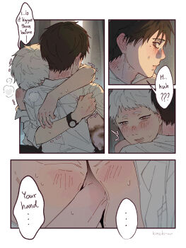 Rule 34 | 2boys, black hair, blush, collared shirt, commentary, deep wound, english commentary, english text, grey eyes, highres, hikaru ga shinda natsu, indou hikaru, injury, kimchi15922858, male focus, mole, mole on neck, mole under eye, multiple boys, multiple moles, red pupils, shirt, short eyebrows, short hair, short sleeves, speech bubble, sweat, tsujinaka yoshiki, watch, white hair, white shirt, wristwatch, yaoi