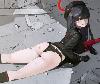 1girl absurdres ass beret black_choker black_gloves black_hair black_hat black_panties black_serafuku black_skirt blood blue_archive blush choker feet_out_of_frame gloves gun hair_over_eyes halo hat highres justice_task_force_member_(blue_archive) kneepits long_hair long_sleeves looking_at_viewer midfinger nosebleed open_mouth panties pleated_skirt red_eyes red_halo school_uniform serafuku skirt solo underwear weapon