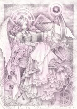 1girl angel angel_day clock commentary_request crown dress flower gears halo highres holding holding_scepter light_smile long_hair monochrome original ringodrawing rose scepter solo traditional_media very_long_hair wavy_hair wings