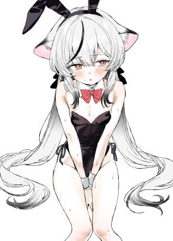 1girl :o absurdres animal_ear_hairband animal_ears black_hair black_leotard blue_archive blush bow bowtie commentary_request fake_animal_ears grey_hair hairband halo highres kokona_(blue_archive) leotard long_hair multicolored_hair parted_lips playboy_bunny rabbit_ears red_bow red_bowtie side-tie_leotard simple_background solo subachi sweat tiger_ears white_background white_wrist_cuffs wrist_cuffs