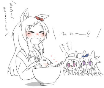 >_< 3girls animal_ears beanie beer_hsk big_belly blue_ribbon blush bow bowl cellphone character_request chibi chopsticks clapping closed_eyes commentary_request ear_bow ear_ribbon ears_through_headwear hair_between_eyes hat holding holding_phone horse_ears long_hair long_sleeves mask mouth_mask multiple_girls nakayama_festa_(umamusume) nose_blush open_mouth orfevre_(old_design)_(umamusume) phone puffy_long_sleeves puffy_sleeves purple_eyes red_bow ribbon school_uniform simple_background spot_color tracen_school_uniform translation_request umamusume very_long_hair white_background