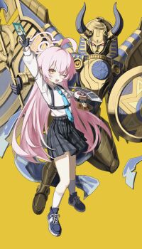 1girl :d ;d absurdres ahoge arm_up black_gloves black_skirt blue_archive card commentary crossover duel_disk duel_monster fingerless_gloves full_body gloves hair_between_eyes halo happy highres holding holding_card horns hoshino_(blue_archive) imsety_glory_of_horus long_hair long_sleeves looking_at_viewer name_connection one_eye_closed open_mouth pink_hair plaid_clothes plaid_skirt polearm school_uniform shield shirt shoes simple_background skirt smile socks spear standing sztxra untranslatable_commentary very_long_hair weapon white_shirt white_socks yellow_background yellow_eyes yu-gi-oh!