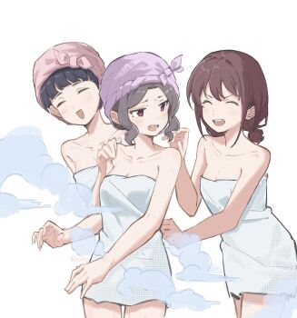 3girls :d ^_^ absurdres awa_subaru bare_arms bare_shoulders behind_another black_hair blunt_bangs breasts cleavage closed_eyes collarbone cowboy_shot double-parted_bangs ebizuka_tomo forehead friends furrowed_brow girls_band_cry grey_hair hair_up hand_on_another&#039;s_shoulder highres iseri_nina kiraing_poi light_blush looking_at_another low_twintails medium_breasts middle_part multiple_girls naked_towel open_mouth parted_bangs red_eyes short_twintails simple_background smile standing steam towel towel_on_head turning_head twintails v-shaped_eyebrows white_background