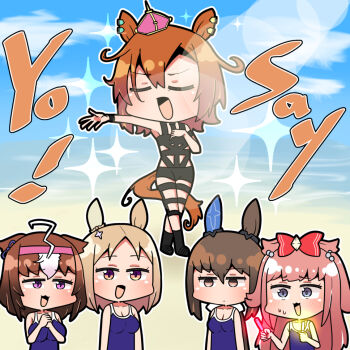 Rule 34 | 5girls, admire vega (umamusume), agnes digital (umamusume), ahoge, animal ears, bare shoulders, beach, blonde hair, bondage outfit, bow, breasts, brown eyes, brown hair, cleavage, closed eyes, collarbone, commentary, commission, competition school swimsuit, completely unamused, cosplay, crown, deformed, dual wielding, ear bow, ear covers, ear ornament, ear piercing, ear ribbon, glowing, glowstick, grey eyes, hair between eyes, hair bow, hair flaps, hairband, hand on own chest, holding, holding glowstick, horse ears, horse girl, horse tail, hot limit, jitome, light rays, long hair, low ponytail, medium breasts, medium hair, meisho doto (umamusume), mini crown, multicolored eyes, multiple girls, music, name connection, narita top road (umamusume), nishikawa takanori, nishikawa takanori (cosplay), open mouth, orange eyes, orange hair, outdoors, outline, outstretched hand, own hands together, parted bangs, piercing, pink hair, pink hairband, pixiv commission, ponytail, purple eyes, red bow, sakai waka, school swimsuit, singing, single ear cover, sparkle, sunlight, sweatdrop, swimsuit, t.m. opera o (umamusume), t.m.revolution, tail, tilted headwear, two-tone eyes, two side up, umamusume, unamused, white bow, white hair
