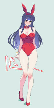 1girl animal_ears arm_at_side arm_behind_back bare_arms bare_shoulders birthmark black_hair boku_no_kokoro_no_yabai_yatsu breasts brown_eyes closed_mouth detached_collar high_heels highres large_breasts long_hair long_legs looking_at_viewer narrow_waist playboy_bunny rabbit_ears red_shoes shoes simple_background smile solo thighs unai_suken wide_hips wrist_cuffs yamada_anna