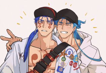 2boys baseball_cap black_hat blue_hair blush closed_eyes cu_chulainn_(caster)_(fate) cu_chulainn_(fate) cu_chulainn_(tropical_rune_summer)_(fate) cu_chulainn_alter_(fate) cu_chulainn_alter_(under_the_same_sky)_(fate) dual_persona earrings facial_mark fate/grand_order fate_(series) half_updo hat iash jacket jewelry long_hair male_focus multiple_boys open_clothes open_jacket ponytail red_eyes simple_background smile upper_body v white_background white_jacket