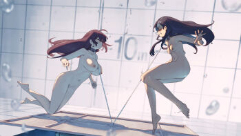 2girls absurdres barefoot bdsm black_hair bondage bound bound_together breasts breathplay brown_hair bubble chain chain_leash clenched_teeth collar commentary completely_nude english_commentary full_body glaring grimace hair_ornament hairclip highres holding_breath ijiranaide_nagatoro-san large_breasts leash legs_together linked_collar long_hair looking_at_another multiple_girls nagatoro_hayase nude peril pool predicament_bondage rou_(rou22) slave small_breasts strap_gap submerged sunomiya_sana tan teeth toes underwater