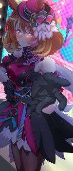 1girl animal_ears armpits blush breasts brown_hair closed_mouth commentary_request gloves glowing glowing_eyes hair_between_eyes hair_ornament hat highres horse_girl looking_at_viewer medium_breasts north_flight_(looking_fly!)_(umamusume) north_flight_(umamusume) pantyhose reaching reaching_towards_viewer ribbon sleeveless smile solo stage takotoma22 umamusume