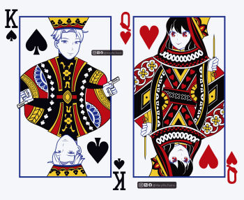 black_hair card card_(medium) commentary facebook_username gun heart_card highres holding holding_gun holding_weapon instagram_username king_(playing_card) king_of_spades marywutoons playing_card queen_(playing_card) queen_of_hearts_(playing_card) red_eyes short_hair smile spade_(shape) spy_x_family twitter_username weapon yor_briar