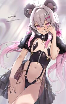 1girl absurdres ahoge animal_ears black_nails bow braid chain character_name comdost crossed_bangs flat_chest gold_chain gradient_hair grey_hair hair_between_eyes hand_on_own_thigh highres indie_virtual_youtuber long_hair multicolored_hair navel o-ring panda_ears panda_girl pink_bow pink_eyes pink_hair revealing_clothes rui_asaka_(vtuber) showgirl_skirt solo thigh_gap virtual_youtuber zipper