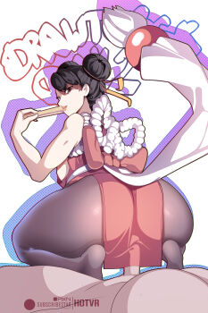 1boy 1girl ass ben-day_dots black_hair brown_eyes capcom chun-li clothed_female_nude_male cosplay dark-skinned_male dark_skin double_bun drop_shadow fatal_fury folded_fan folding_fan from_behind hair_bun hand_fan highres holding holding_fan hot_vr implied_sex looking_at_viewer nude pelvic_curtain penis pixiv_username screentones shiranui_mai shiranui_mai_(cosplay) short_hair sleeveless street_fighter street_fighter_6 subscribestar_username the_king_of_fighters uncensored