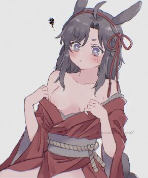 1girl ahoge alternate_costume alternate_hairstyle animal_ears bare_shoulders black_hair blush breasts chinese_clothes cleavage closed_mouth collarbone genderswap genderswap_(mtf) grey_background grey_eyes grey_sash hair_down hair_ribbon hairband hands_up hanfu highres japanese_clothes kemonomimi_mode kimono kimono_pull long_hair long_sleeves looking_at_viewer medium_breasts modao_zushi nipple_slip nipples no_bra off_shoulder open_clothes open_robe parted_bangs pout purple_eyes rabbit_ears rabbit_girl rabbit_tail red_hairband red_hanfu red_ribbon ribbon robe sash sidelocks simple_background sitting solo squiggle tail twitter_username undressing wei_wuxian wide_sleeves yaichi00