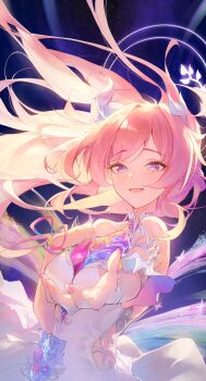 1girl armlet bare_shoulders breasts commentary cyrene_(honkai:_star_rail) cyrene_(ripples_of_past_reverie)_(honkai:_star_rail) diamond-shaped_pupils diamond_(shape) fingernails halo halo_behind_head highres honkai:_star_rail honkai_(series) jewelry long_hair looking_at_viewer medium_breasts nail_polish open_mouth outstretched_arm pink_hair pink_nails purple_eyes smile smile12190 solo symbol-shaped_pupils upper_body