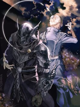 1boy 1girl armor blonde_hair blue_surcoat braid cloud crown_braid duchess_(elden_ring) elden_ring elden_ring_nightreign eye_mask flower gloves helmet highres holding mask scale_armor signature white_gloves winged_helmet wylder_(elden_ring) yujia0412