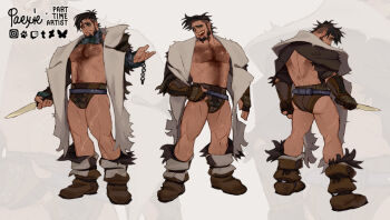 1boy abs ass beard boots brown_hair coat cross-laced_clothes dagger facial_hair full_beard full_body gloves holding holding_dagger holding_knife holding_weapon knife male_focus mature_male multiple_scars multiple_views navel navel_hair open_clothes open_coat original paexie patchy_beard reference_sheet revealing_clothes rocky_(paexie) scar short_hair smug standing stomach thick_beard thick_chest_hair thick_eyebrows thick_navel_hair thick_thighs thighs thighs_together undercut weapon