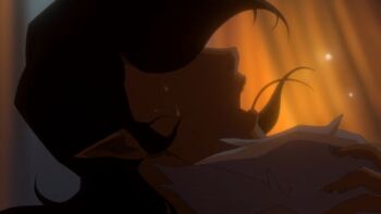 anime_screenshot brown_hair critical_role dungeons_&amp;_dragons dungeons_&amp;_dragons half-elf hand_on_another&#039;s_head highres implied_sex moaning open_mouth percival_de_rolo sweat the_legend_of_vox_machina vex&#039;ahlia_vessar white_hair