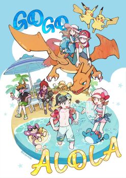 Rule 34 | 2girls, 4boys, aipom, alternate costume, arcanine, beach, beach umbrella, belt, bikini, bikini skirt, blue oak, bracelet, brown belt, capri pants, charizard, chinese commentary, commentary request, crossed legs, day, deck chair, ditto, dress, ethan (pokemon), flower, folding chair, gen 1 pokemon, gen 2 pokemon, gen 7 pokemon, goggles, goggles on head, green pants, hat, huan li, innertube, jewelry, leaf (pokemon), lyra (pokemon), male swimwear, marill, multiple boys, multiple girls, nintendo, open clothes, open shirt, outdoors, palm tree, pants, pikachu, pokemon, pokemon (creature), pokemon frlg, pokemon hgss, pokemon sm, print male swimwear, print swim trunks, print swimsuit, pyukumuku, red (pokemon), red headwear, red shirt, riding, riding pokemon, sand, sandals, shirt, shoes, shore, silver (pokemon), sitting, sneasel, standing, sun hat, swim ring, swim trunks, swimsuit, transformed ditto, tree, umbrella, wading, water, white headwear, white male swimwear, white swim trunks