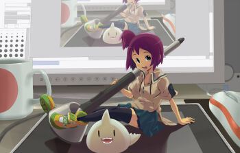 Rule 34 | computer, green eyes, highres, mini person, minigirl, open mouth, purple hair, side ponytail, sitting, skirt