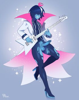 1boy androgynous artist_name blue_hair blue_skin cape colored_skin commentary commission deltarune electric_guitar english_commentary erection genderswap genderswap_(otm) guitar hair_between_eyes high_heels highres holding holding_guitar holding_instrument instrument kris_(dark_world)_(deltarune) kris_(deltarune) kris_(lightners_live)_(deltarune) matemi official_alternate_costume pants penis playing_instrument second-party_source short_hair smile solo solo_focus sparkle testicles torn_clothes torn_pants utdr_(toby_fox)