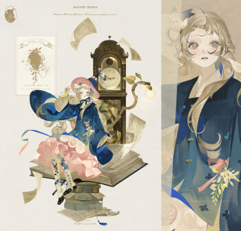 1girl absurdres baichuan_baichuan bird blue_bird blue_jacket blunt_bangs book book_stack boots brown_hair clock dress eyeshadow full_body grandfather_clock hand_up hat heterochromia highres jacket jewelry layered_sleeves leaf long_hair long_sleeves makeup multiple_views necklace open_book original paper pink_dress wavy_hair wide_sleeves witch_hat