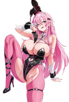 Rule 34 | 1girl, absurdres, animal ears, black leotard, breasts, commentary request, ear piercing, epko, fake animal ears, goddess of victory: nikke, green eyes, highres, huge breasts, leotard, licking lips, mole, mole under eye, official alternate costume, pantyhose, piercing, pink hair, pink pantyhose, playboy bunny, rabbit ears, shibari, simple background, skindentation, solo, thigh strap, tied ears, tongue, tongue out, velvet (nikke), velvet (sensual rabbit) (nikke), white background