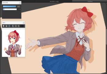 Rule 34 | 1girl, art program in frame, art program request, blazer, blue skirt, bow, chinese commentary, closed eyes, closed mouth, collared shirt, commentary request, doki doki literature club, doki doki literature club school uniform, eyelashes, grey jacket, hair bow, jacket, long sleeves, neck ribbon, official art inset, open clothes, open jacket, orange sweater vest, outstretched arm, pink hair, qetu33, red bow, reference inset, ribbon, sayori (doki doki literature club), school uniform, shadow, shirt, short hair, simple background, skirt, smile, solo, split mouth, sweater vest, white shirt