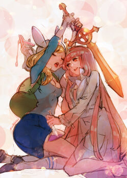 adventure_time animal_ears backpack bad_id bad_tumblr_id bag blonde_hair closed_eyes erlenmeyer_flask fionna_campbell flask glasses lab_coat long_hair miniskirt oollnoxlloo open_mouth pink_eyes pink_hair princess_bonnibel_bubblegum rabbit_ears skirt socks sword test_tube tiara weapon