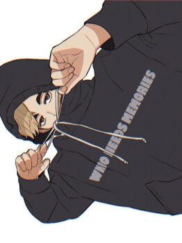 Rule 34 | 1boy, arms up, black hoodie, blonde hair, commentary request, drawstring, english text, grey eyes, haikyuu!!, hood, hood up, hoodie, male focus, miya atsumu, ponkotmtm, print hoodie, sanpaku, short hair, sideways, simple background, solo, white background