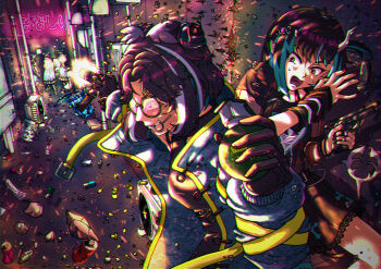 Rule 34 | 6+girls, air conditioner, alley, black dress, black gloves, black hair, blue coat, blue hair, bullet, bullet hole, can, coat, commentary request, cone hair bun, demon girl, demon horns, demon tail, dress, drink can, explosive, firing, glasses, gloves, grenade, grenade pin in mouth, gun, hair bun, handgun, highres, holding, holding grenade, holding gun, holding weapon, horns, hunk (hunkxk), kuroneko nanashi, mac-10/11, maid, multicolored hair, multiple girls, nanashi inc., neon trim, official alternate costume, open clothes, open coat, open mouth, oura rukako, oura rukako (2nd costume), pointy ears, red eyes, shell casing, shishio chris, shishio chris (3rd costume), short hair, short sleeves, smile, soda can, sparks, streaked hair, submachine gun, surprised, tail, trash can, two-tone hair, upper body, virtual youtuber, weapon, white hair, yellow-framed eyewear