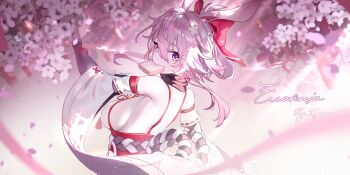 1girl absurdres alternate_costume animal_ears artist_name breasts caisena character_name chinese_commentary commentary_request evanescia_(honkai:_star_rail) floating_hair flower food_in_mouth fox_ears fox_girl hair_between_eyes hair_flower hair_ornament highres honkai:_star_rail honkai_(series) honkai_impact_3rd large_breasts looking_at_viewer looking_back mouth_hold pink_hair sakura_ayane short_hair sideboob voice_actor_connection wide_sleeves yae_sakura yae_sakura_(gyakushinn_miko)
