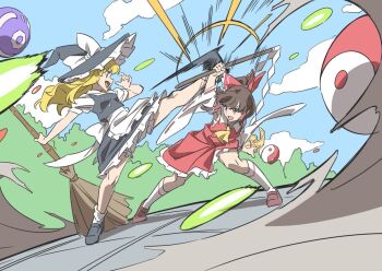 2girls apron black_hat black_shoes black_skirt blonde_hair bow broom brown_hair cloud cloudy_sky commentary_request fighting frilled_apron frilled_hair_tubes frilled_skirt frills gohei gyouza_(mhea5724) hair_bow hair_tubes hakurei_reimu hat hat_bow holding holding_broom holding_gohei holding_ofuda kirisame_marisa loafers long_hair looking_at_another motion_lines multiple_girls neckerchief nontraditional_miko ofuda open_mouth orb outdoors puffy_short_sleeves puffy_sleeves red_bow red_shirt red_skirt ribbon-trimmed_sleeves ribbon_trim sarashi shirt shoes short_sleeves skirt skirt_set sky socks touhou white_apron white_socks wide_sleeves witch_hat yellow_neckerchief yin_yang yin_yang_orb