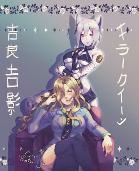 animal_ears armchair artist_name bare_shoulders bikini bikini_top_only black_choker black_skirt blonde_hair breasts cat_ears chair choker closed_mouth crossed_legs diamond_wa_kudakenai expressionless floral_background formal_clothes genderswap genderswap_(mtf) gluteal_fold green_shirt greenpantsu grey_background hair_between_eyes hair_over_breasts hair_over_one_eye half-closed_eye hand_in_own_hair hand_on_own_chest jojo_no_kimyou_na_bouken killer_queen kira_yoshikage large_breasts leg_up lips long_hair long_sleeves looking_at_viewer medium_breasts miniskirt necktie pinstripe_pattern pinstripe_shirt purple_suit red_eyes rose_background shiny_skin shirt short_hair sitting sitting_on_object skirt slit_pupils spikes stand_(jojo) standing striped_clothes striped_shirt suit swimsuit text_background thick_thighs thighhighs thighs